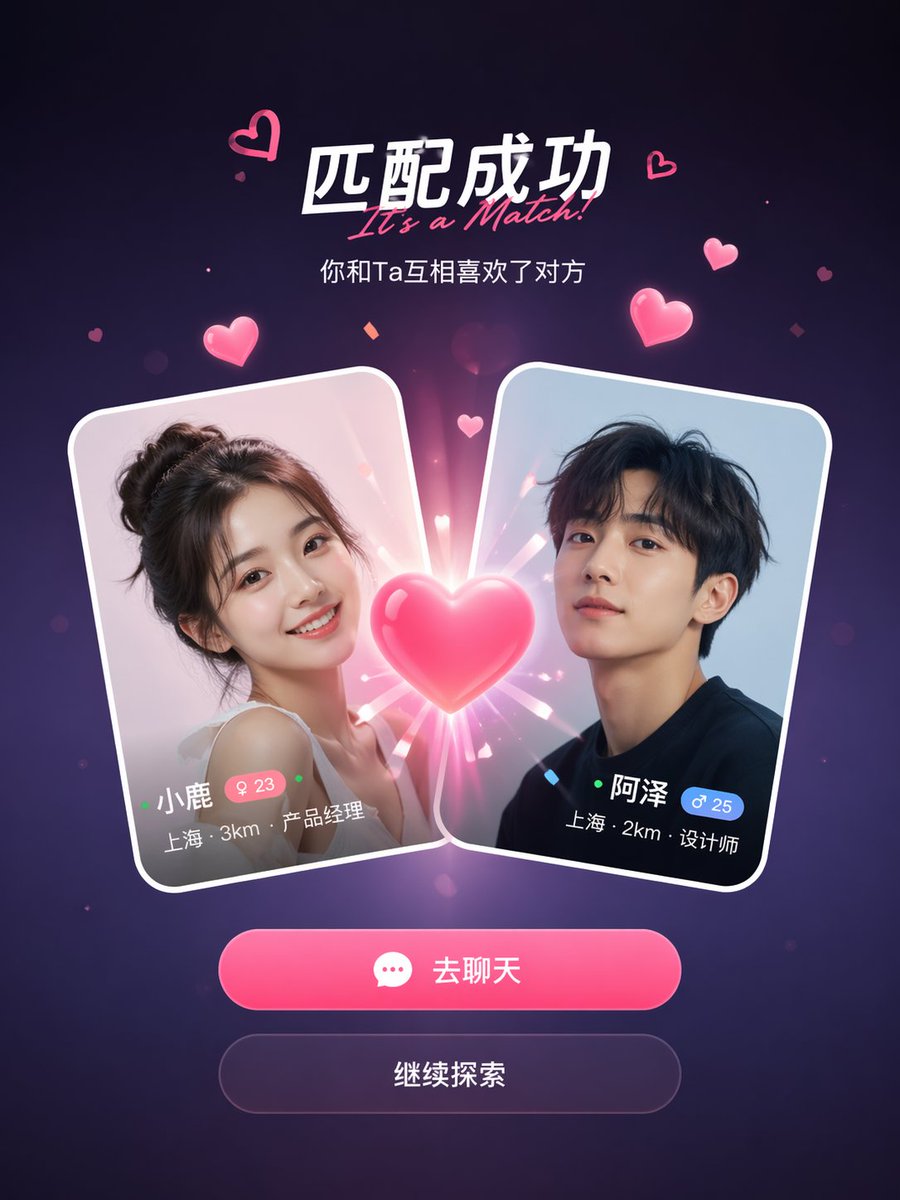 界面稿 GPT Image 2 提示词：Social App Match Success UI