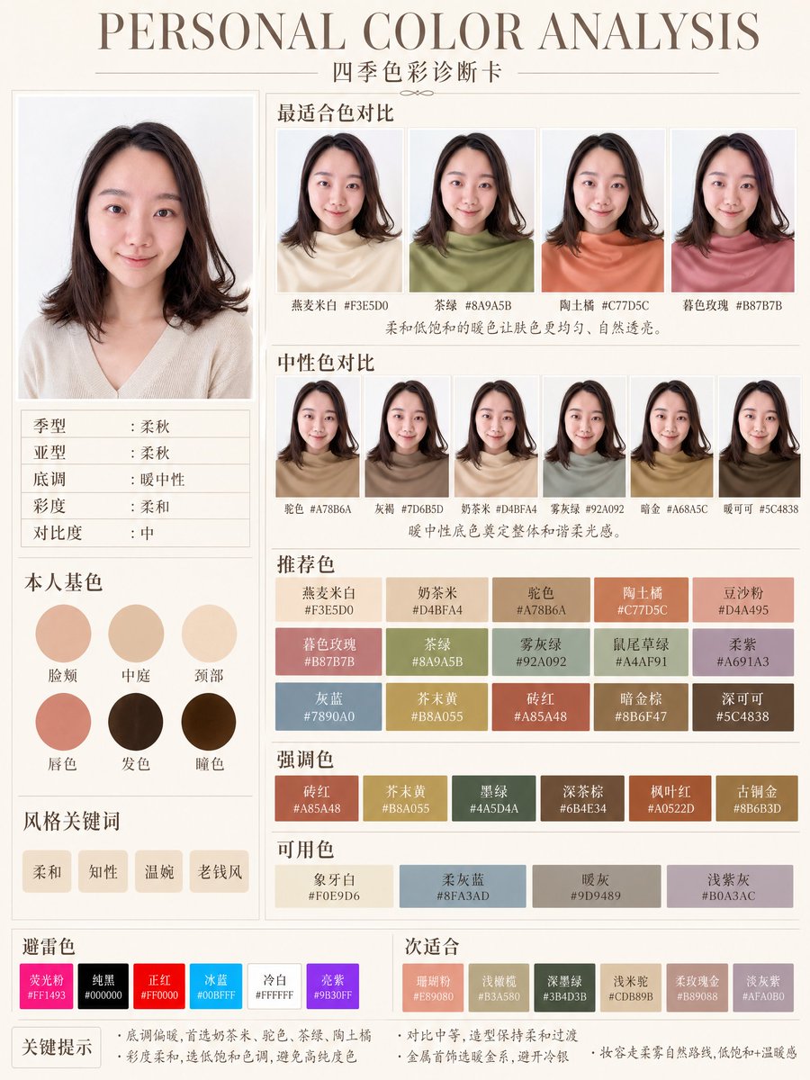 信息图 GPT Image 2 提示词：Soft Autumn Personal Color Card
