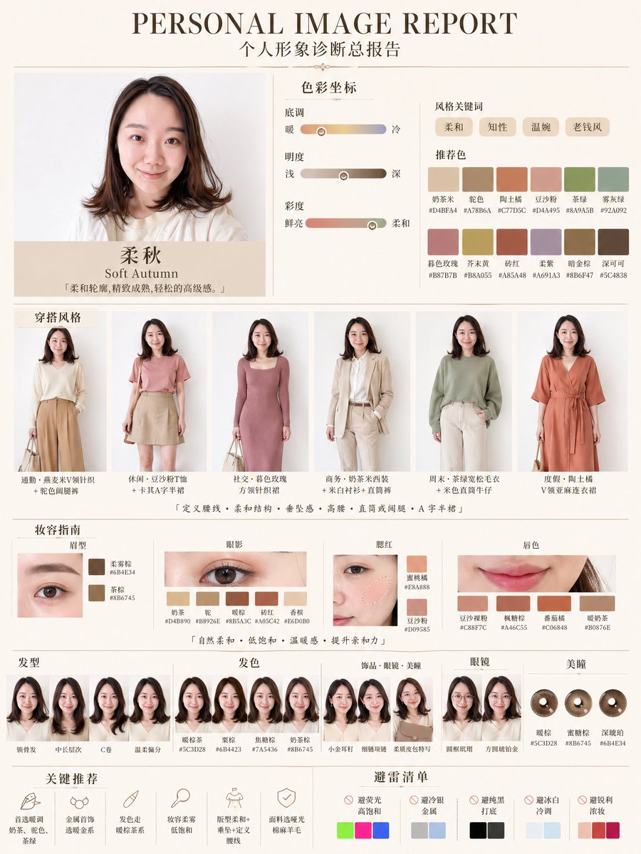 产品视觉 GPT Image 2 提示词：Soft Autumn Personal Image Report