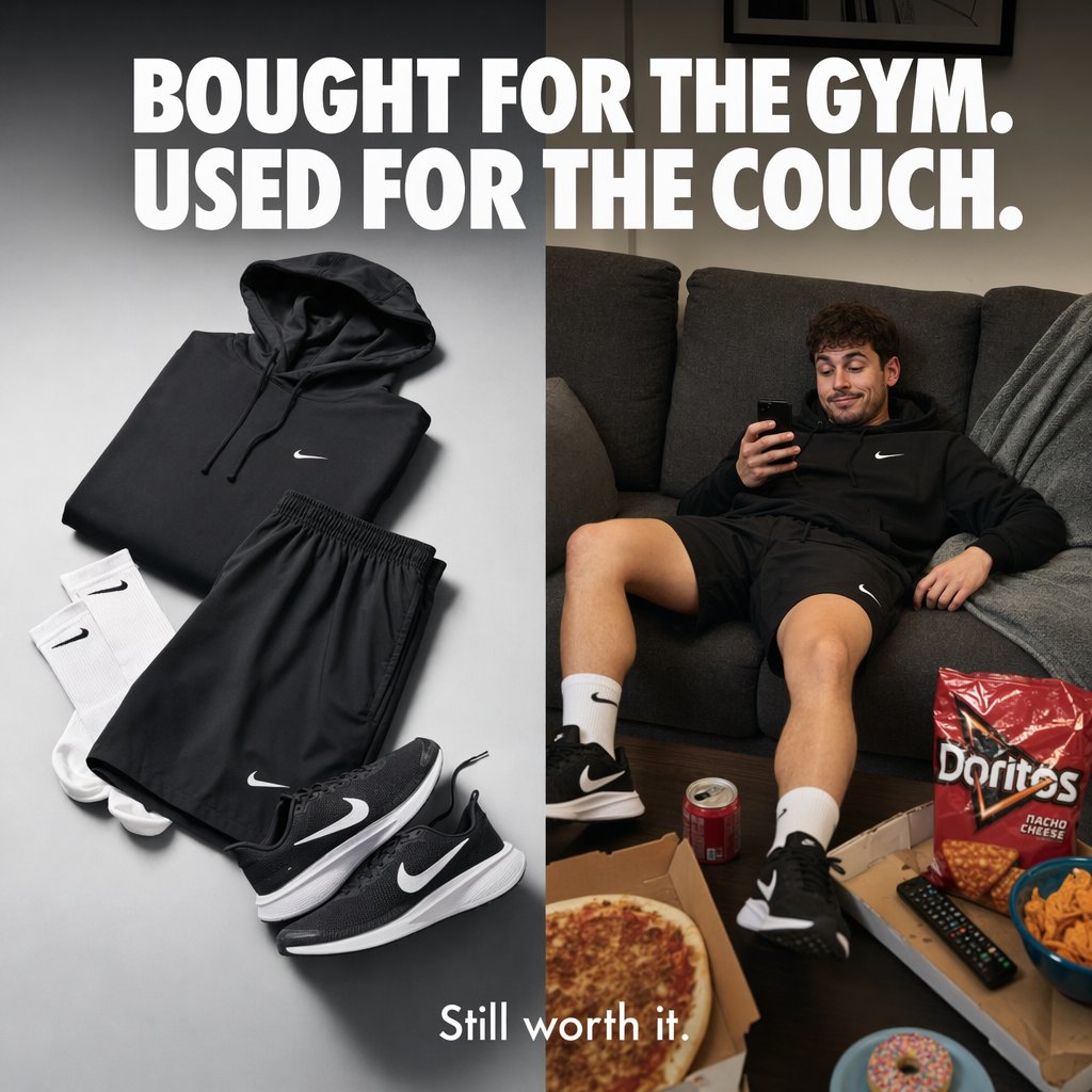 产品视觉 GPT Image 2 提示词：Split-Screen Athleisure Couch Ad