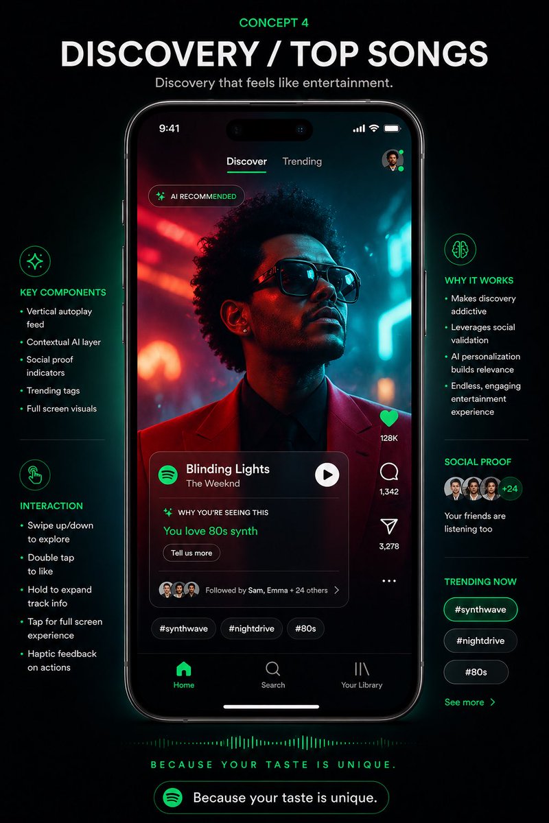 产品视觉 GPT Image 2 提示词：Spotify Discovery UI Concept Poster