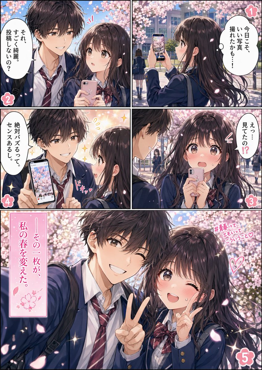 界面稿 GPT Image 2 提示词：Spring School Romance Manga Page