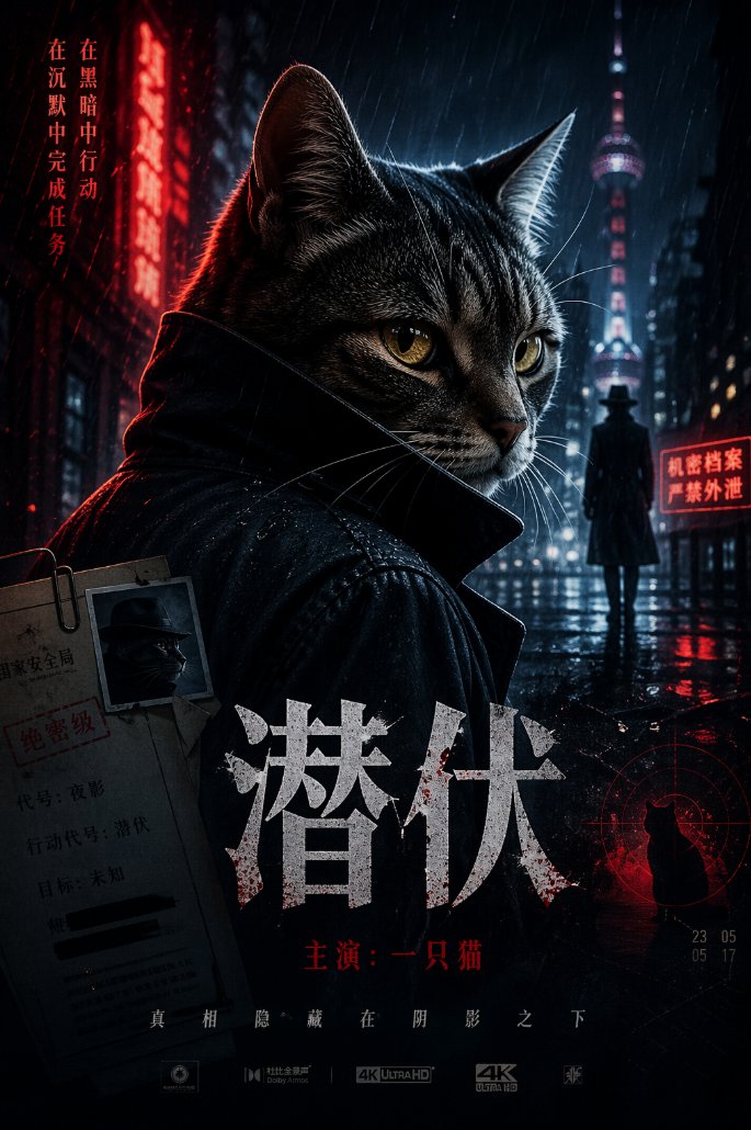 产品视觉 GPT Image 2 提示词：Spy Movie Poster with Cat