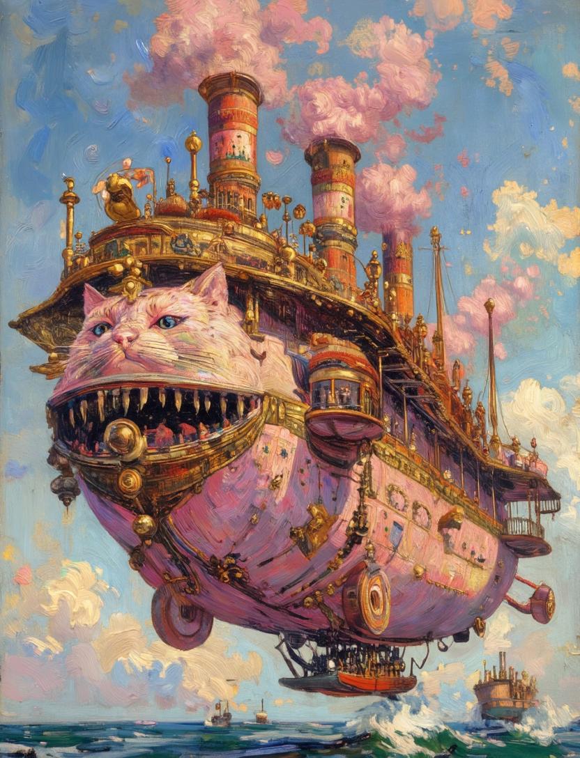 产品视觉 GPT Image 2 提示词：Steampunk Cat Airship Over the Sea