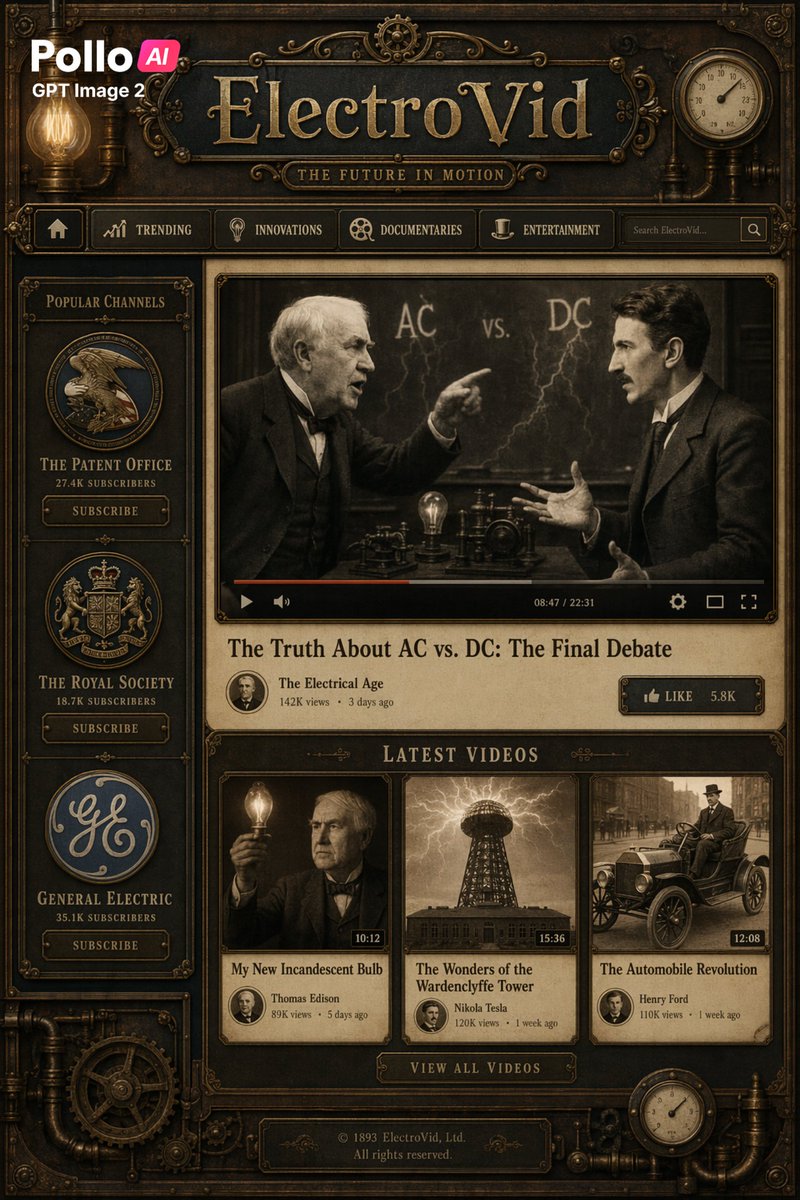 产品视觉 GPT Image 2 提示词：Steampunk ElectroVid Video Platform UI
