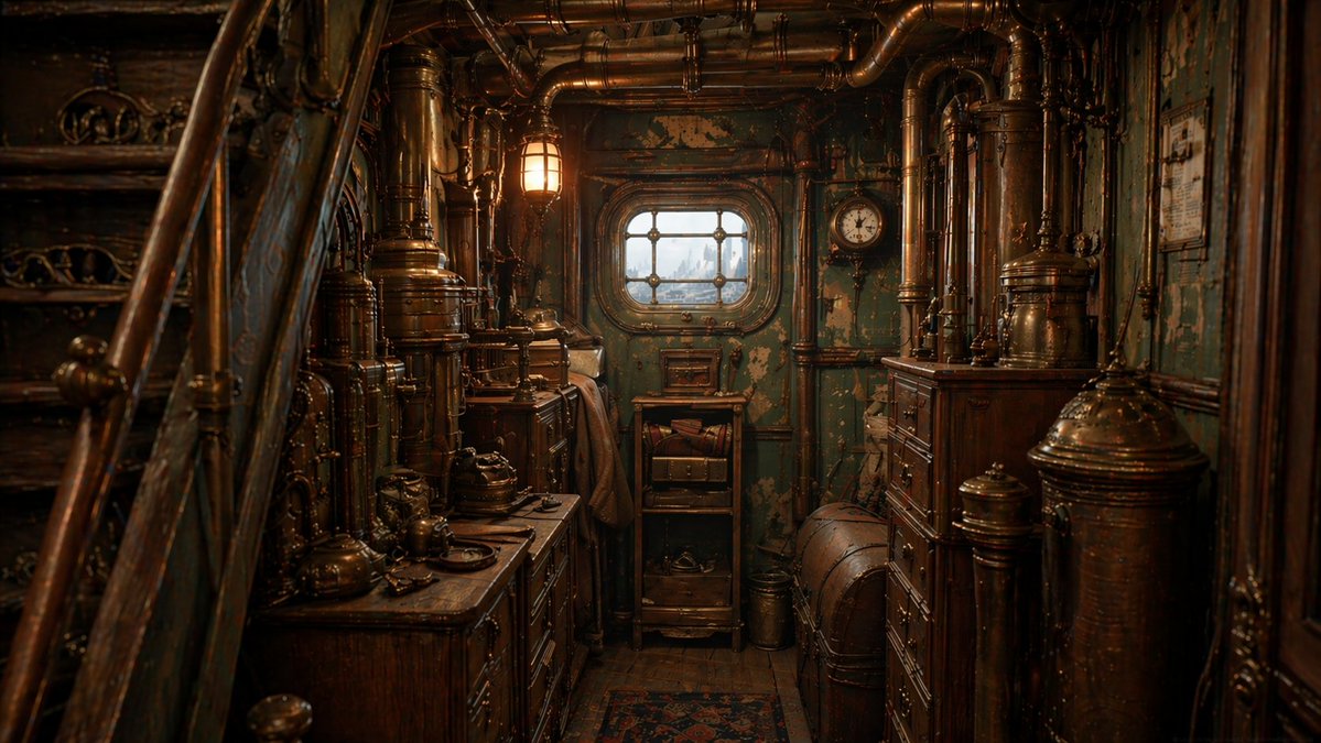 界面稿 GPT Image 2 提示词：Steampunk Ship Cabin Interior