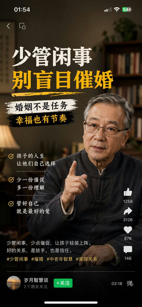 界面稿 GPT Image 2 提示词：拒绝盲目催婚的暖心视频号截图