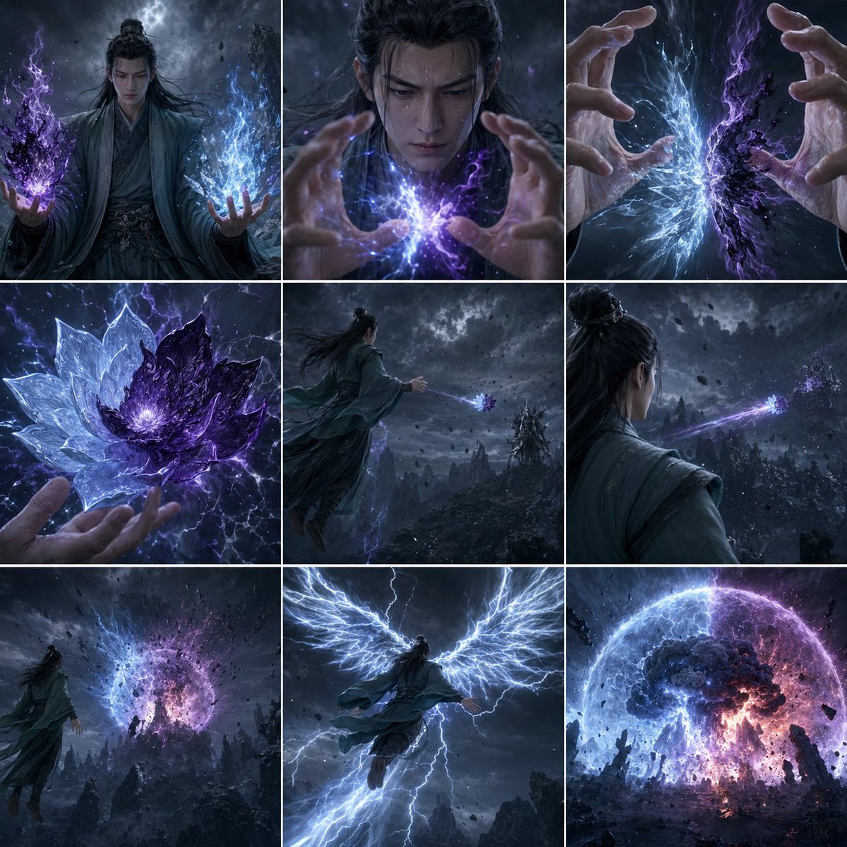 角色设定 GPT Image 2 提示词：Storm Mage Ultimate Attack Storyboard