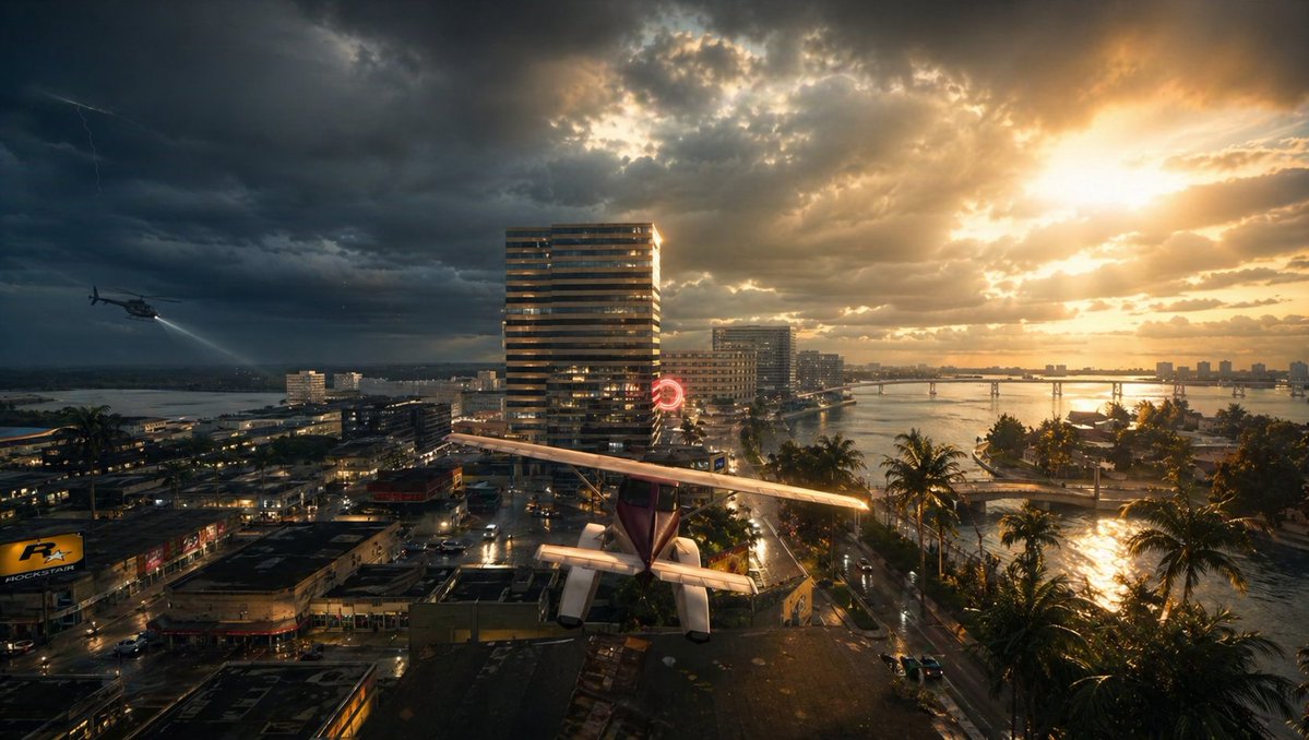 产品视觉 GPT Image 2 提示词：Stormy Tropical City With Rooftop Plane