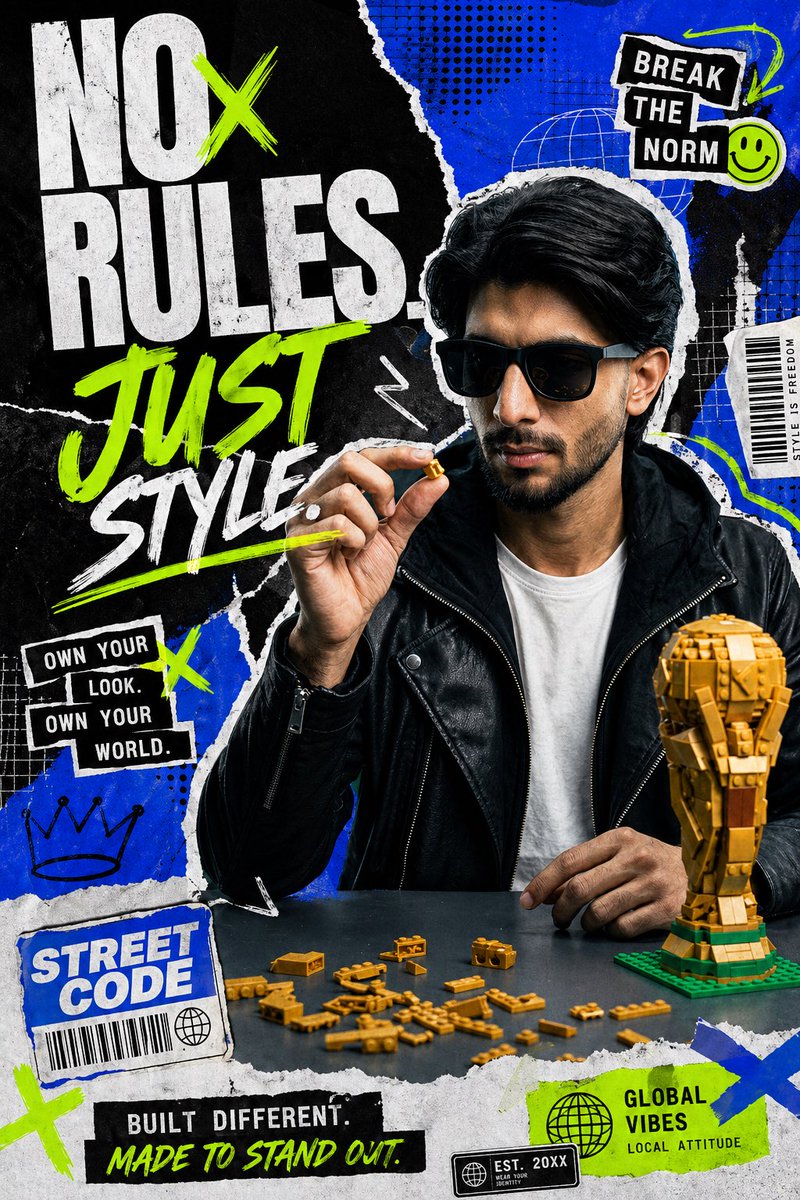 产品视觉 GPT Image 2 提示词：Streetwear Collage Poster With Gold Bricks