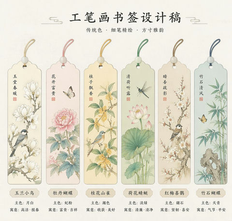 创意灵感 GPT Image 2 提示词：绝美国风工笔画书签设计