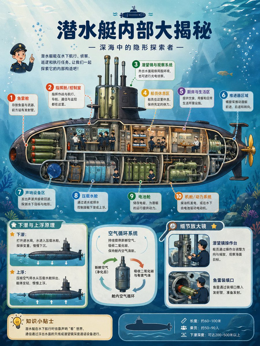 产品视觉 GPT Image 2 提示词：Submarine Cutaway Encyclopedia Poster