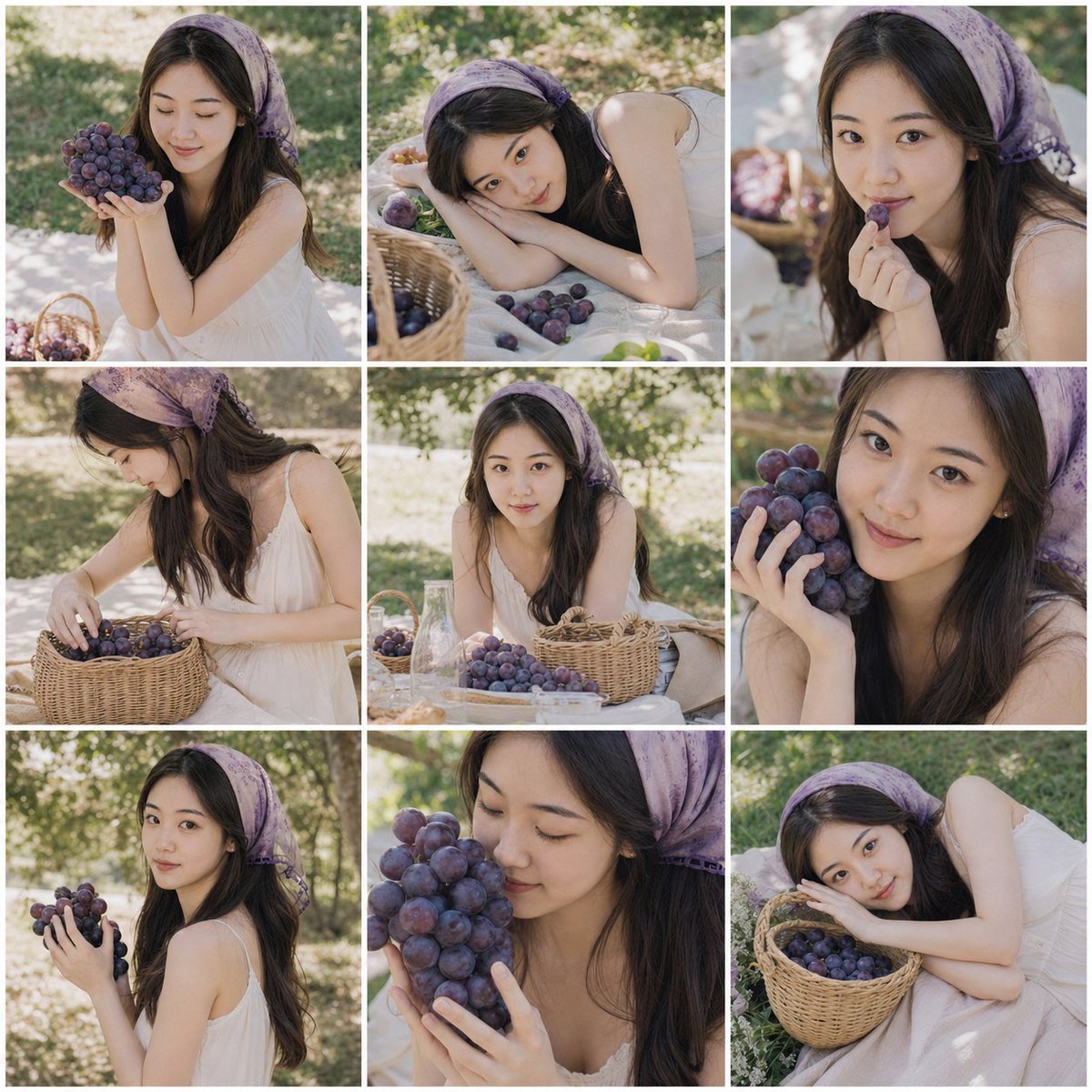 产品视觉 GPT Image 2 提示词：Summer Grape Girl 3x3 Grid Portrait