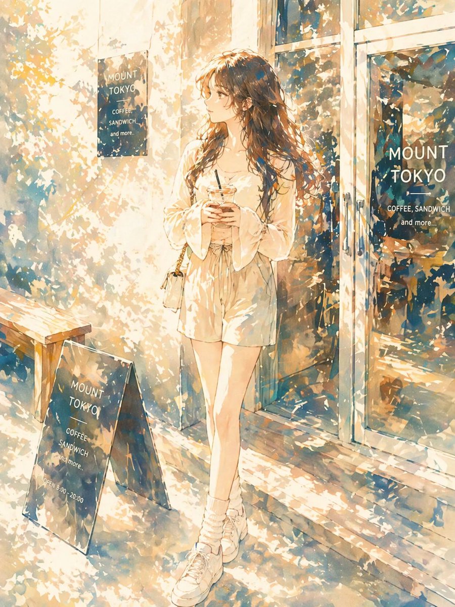 产品视觉 GPT Image 2 提示词：Sunlit Anime Girl Outside Cafe