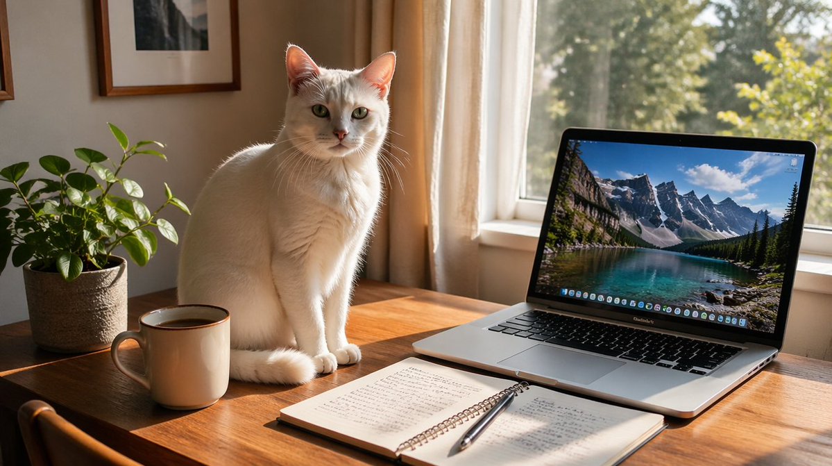 产品视觉 GPT Image 2 提示词：Sunlit Desk with White Cat and Laptop