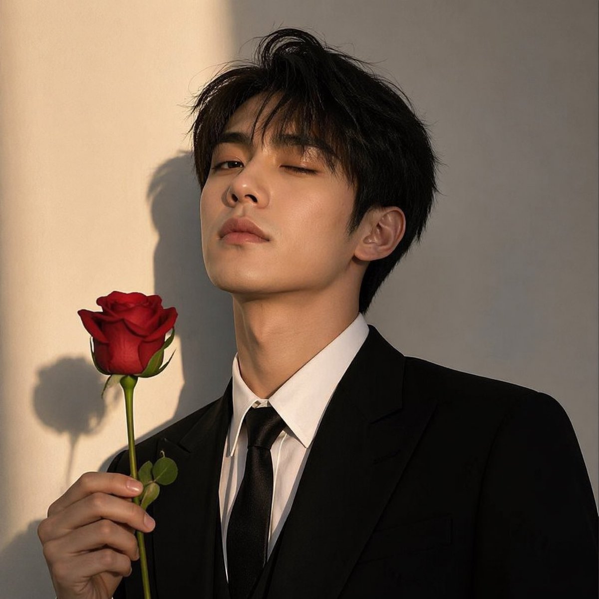 界面稿 GPT Image 2 提示词：Sunlit Suit Portrait With Red Rose