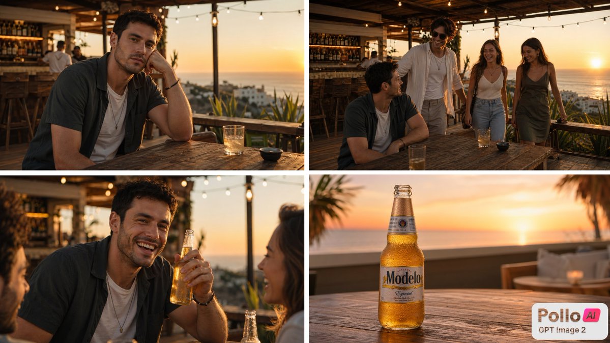 产品视觉 GPT Image 2 提示词：Sunset Beer Ad Storyboard
