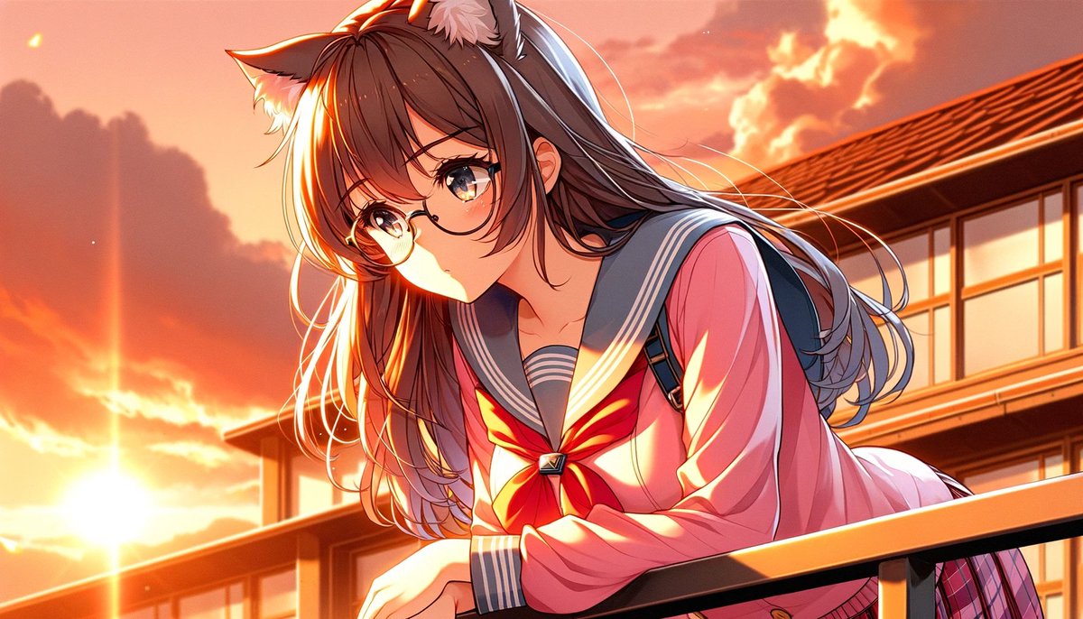 界面稿 GPT Image 2 提示词：Sunset Catgirl School Rooftop Anime