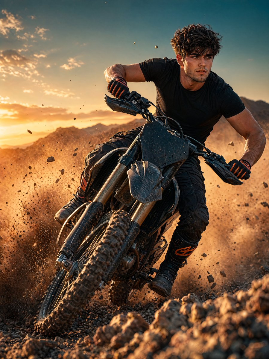 产品视觉 GPT Image 2 提示词：Sunset Motocross Action Portrait