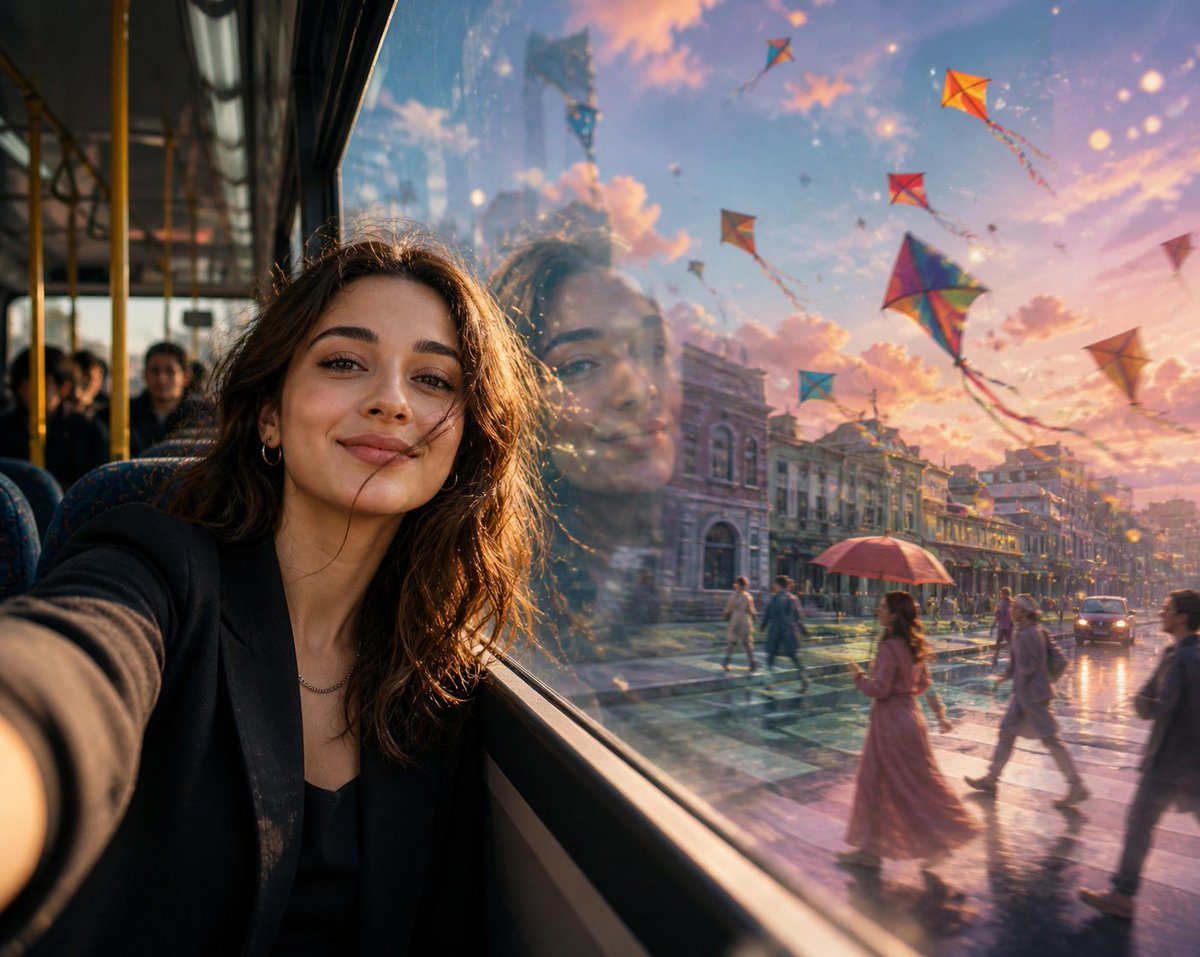 界面稿 GPT Image 2 提示词：Surreal Bus Window Selfie