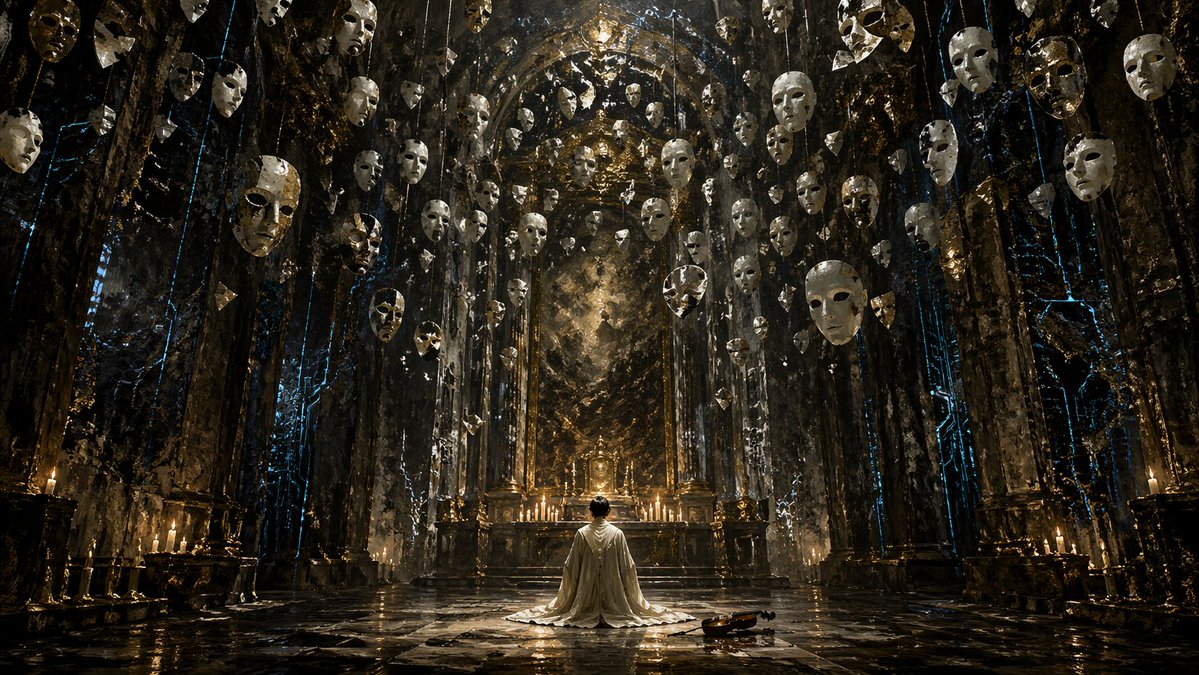 故事绘本 GPT Image 2 提示词：Surreal Gothic Hall with Floating Masks