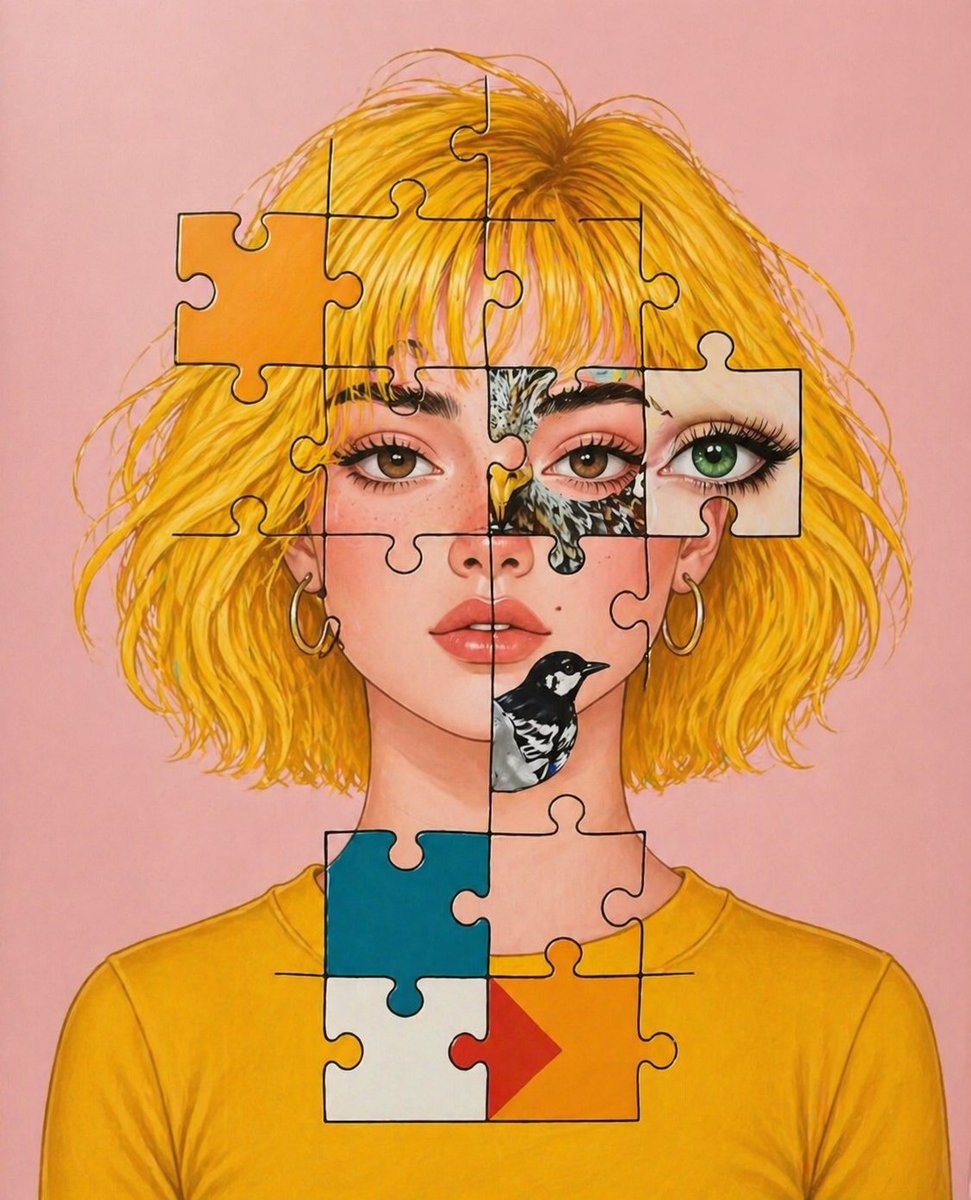 角色设定 GPT Image 2 提示词：Surreal Jigsaw Portrait Illustration