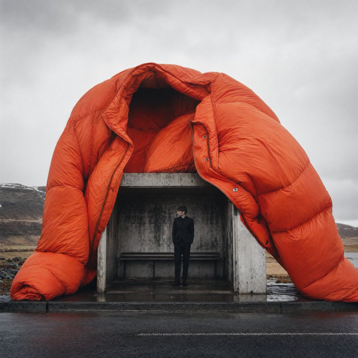 产品视觉 GPT Image 2 提示词：Surreal Orange Puffer Bus Stop Editorial