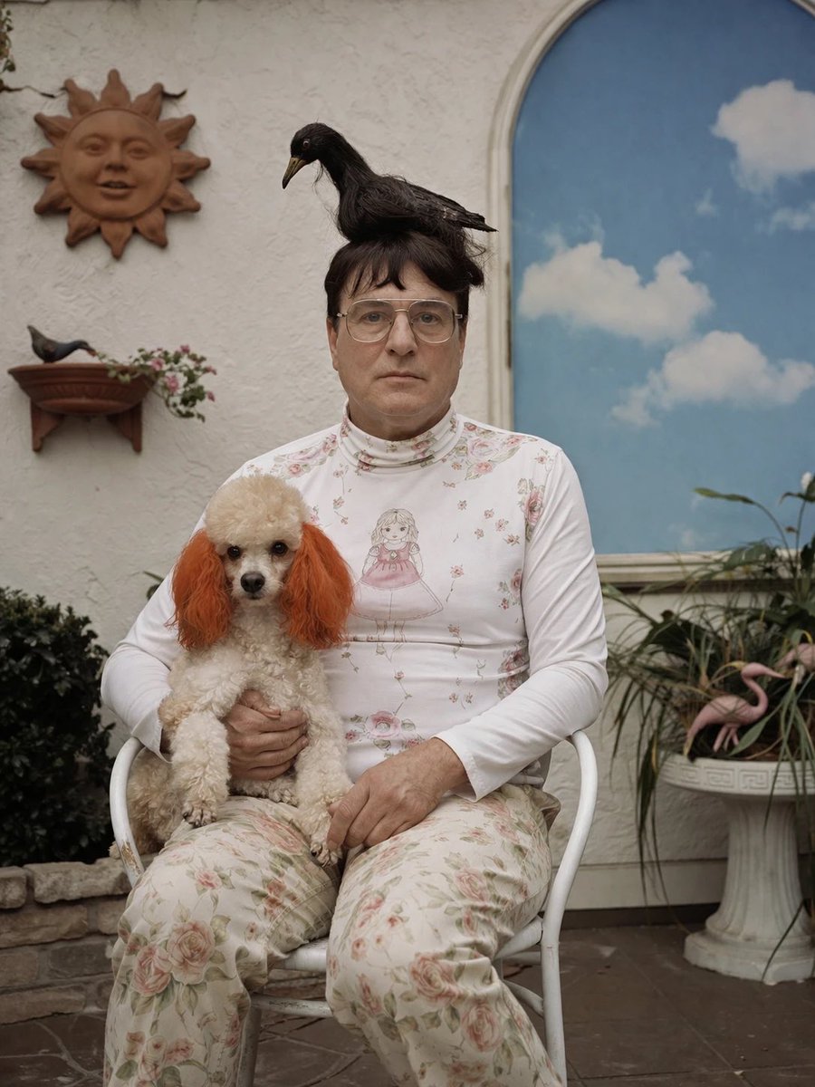 界面稿 GPT Image 2 提示词：Surreal Patio Portrait with Crow and Dog