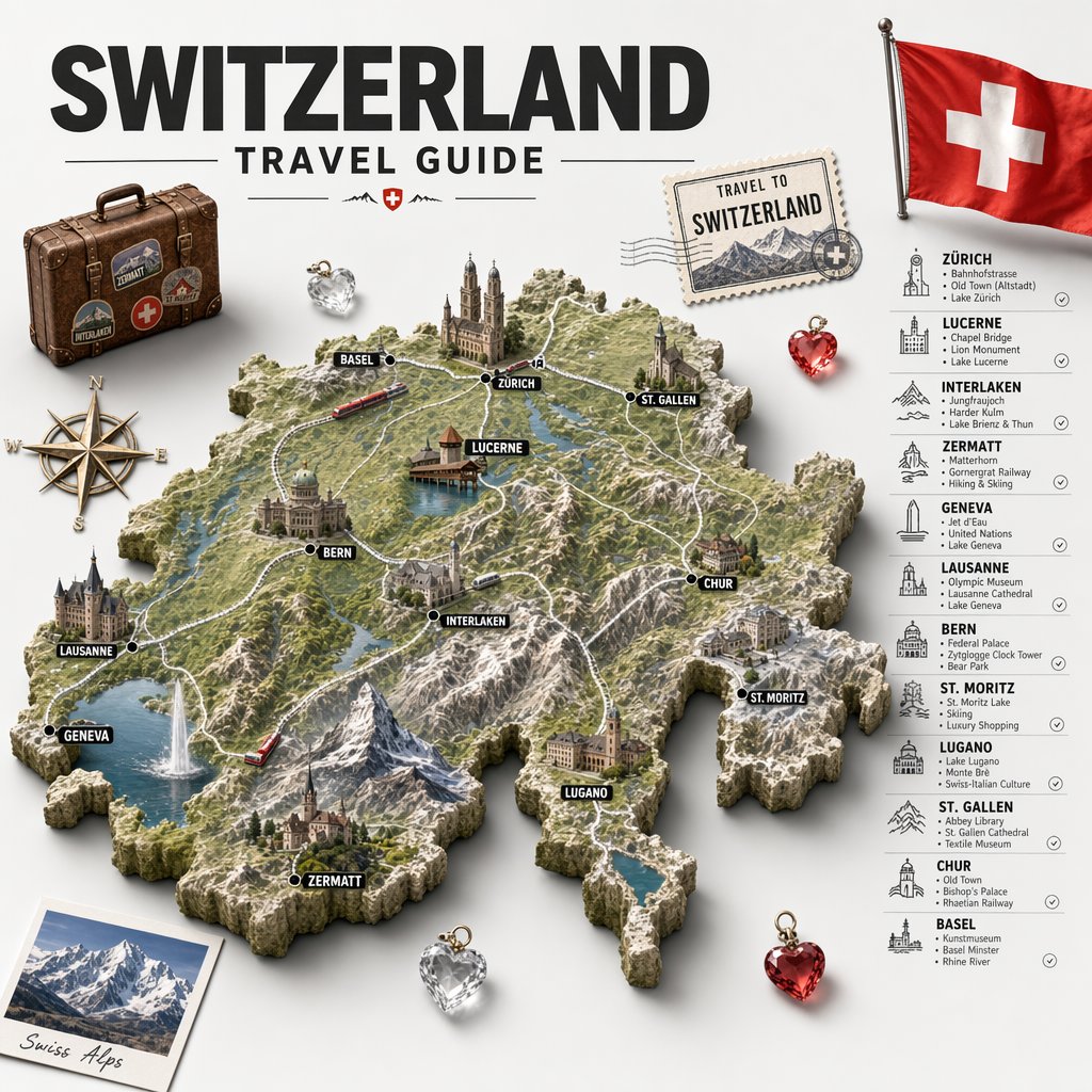 产品视觉 GPT Image 2 提示词：Swiss Travel Guide Relief Map Poster