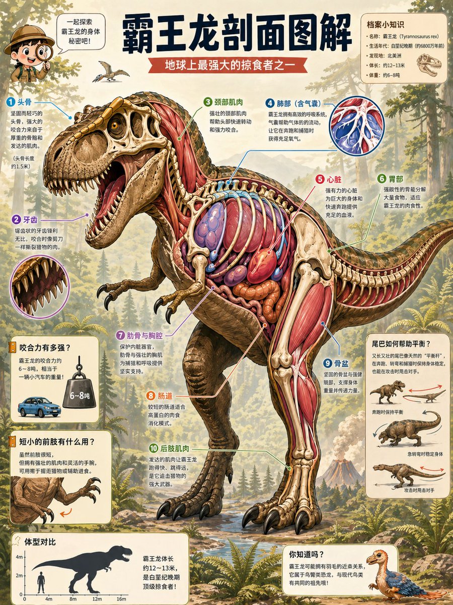 产品视觉 GPT Image 2 提示词：T. Rex Cutaway Encyclopedia Poster