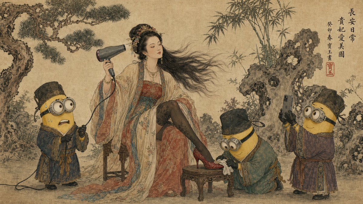 故事绘本 GPT Image 2 提示词：Tang Dynasty Queen & Minions Gongbi Painting