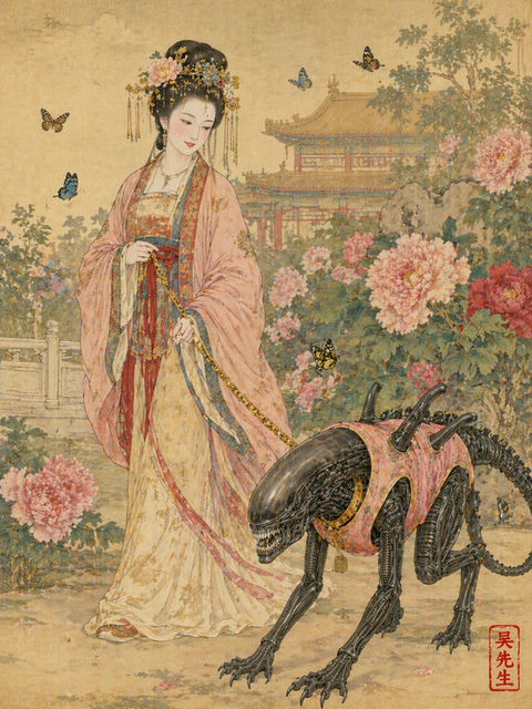 创意灵感 GPT Image 2 提示词：唐朝贵妇遛粉色马甲异形工笔画