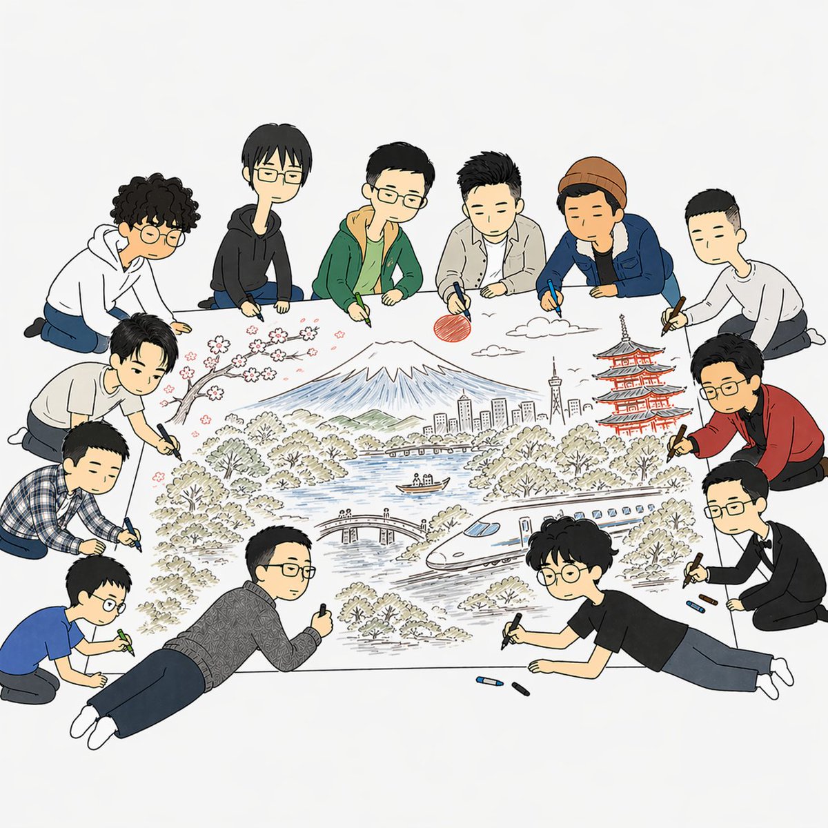 产品视觉 GPT Image 2 提示词：Team Drawing Japan Illustration