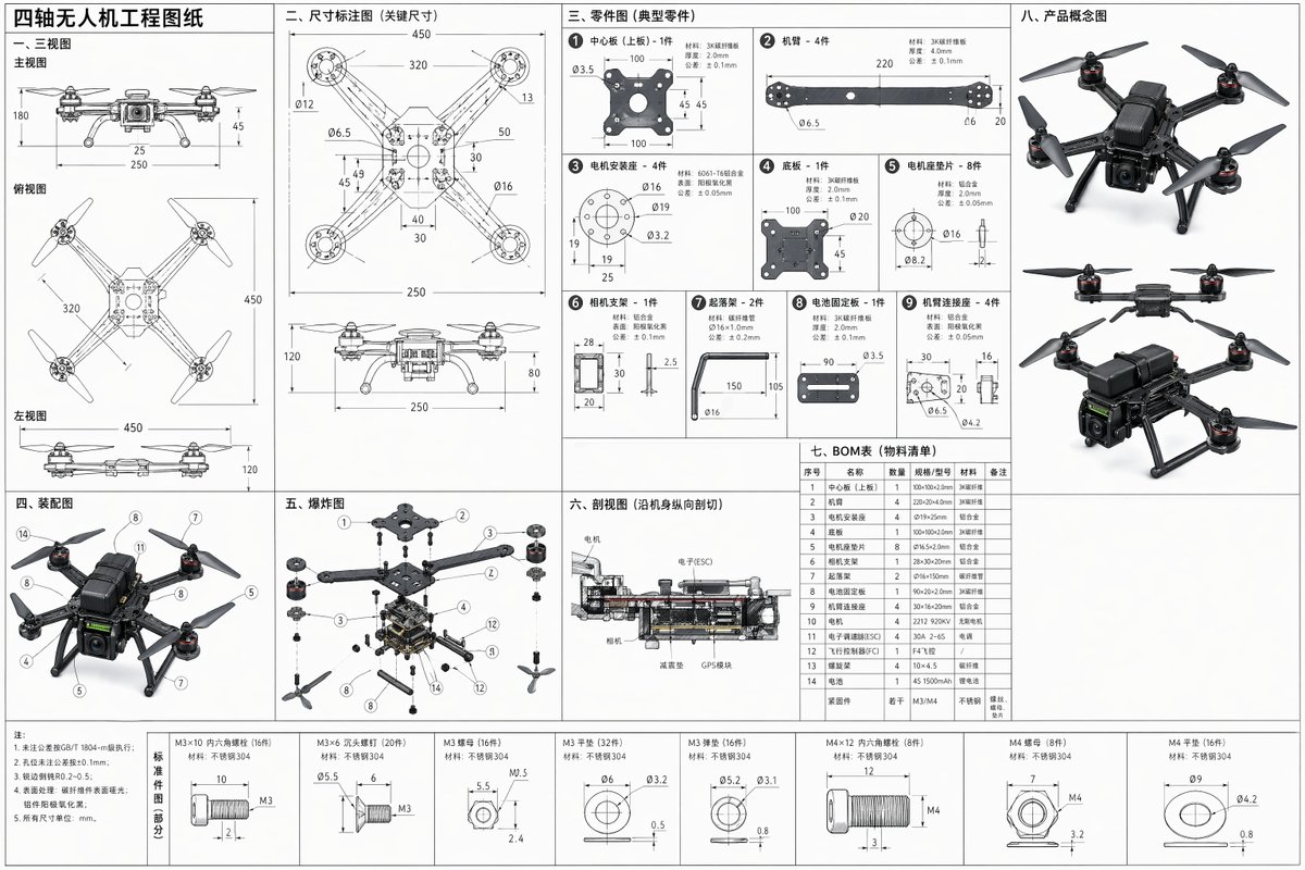 产品视觉 GPT Image 2 提示词：Technical Drone Engineering Blueprint