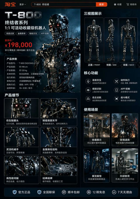 产品视觉 GPT Image 2 提示词：终结者机器人淘宝详情页