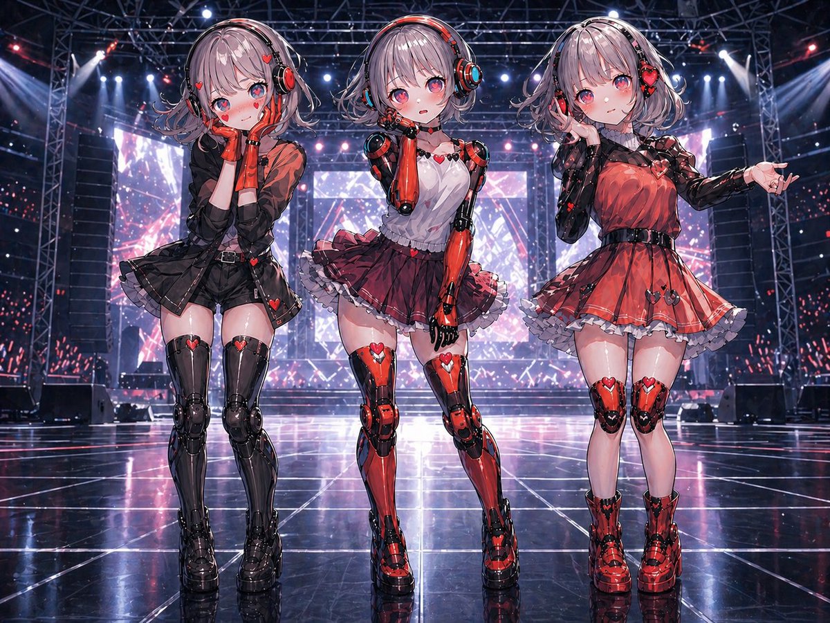 产品视觉 GPT Image 2 提示词：Three Android Idol Girls on Concert Stage
