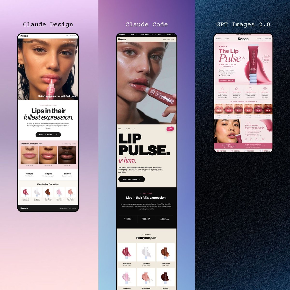 产品视觉 GPT Image 2 提示词：Three Beauty Mobile Landing Pages