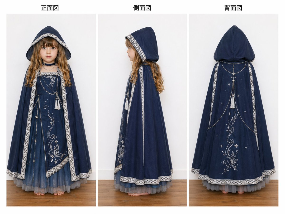 产品视觉 GPT Image 2 提示词：Three-View Hooded Fantasy Dress Sheet