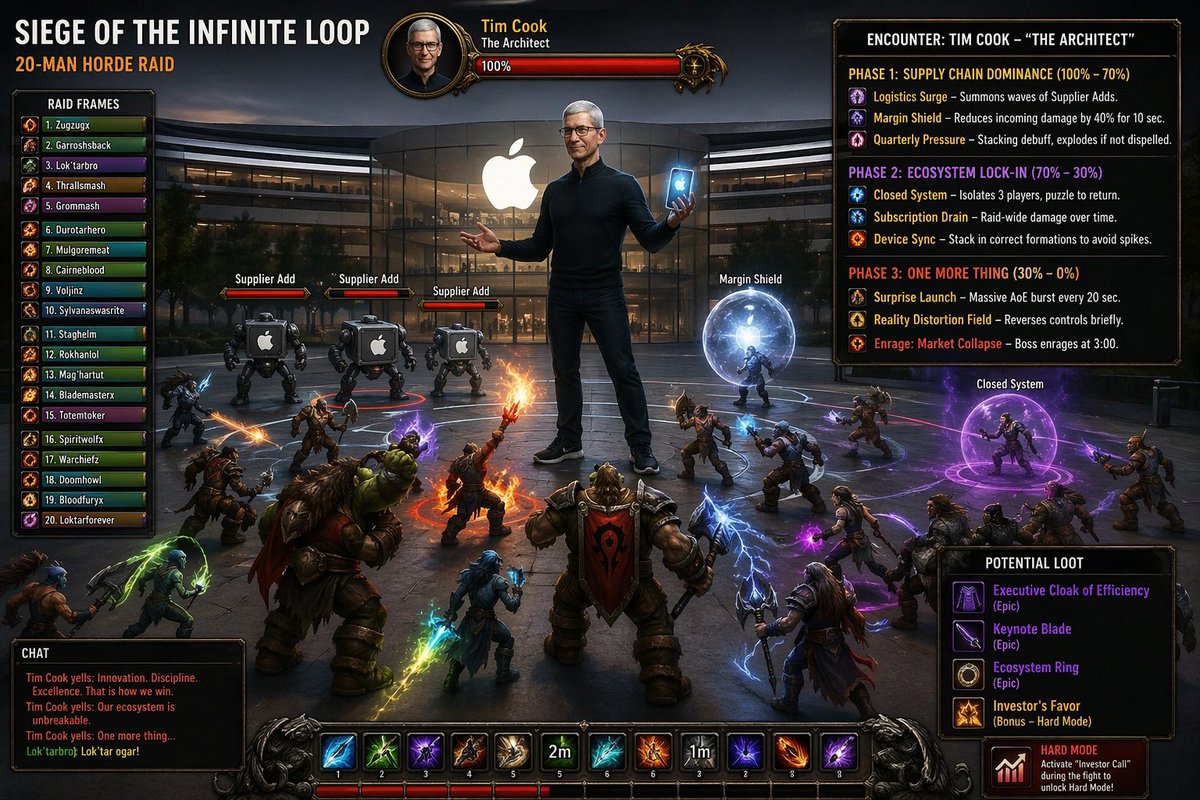 产品视觉 GPT Image 2 提示词：Tim Cook MMO Raid Boss Screen