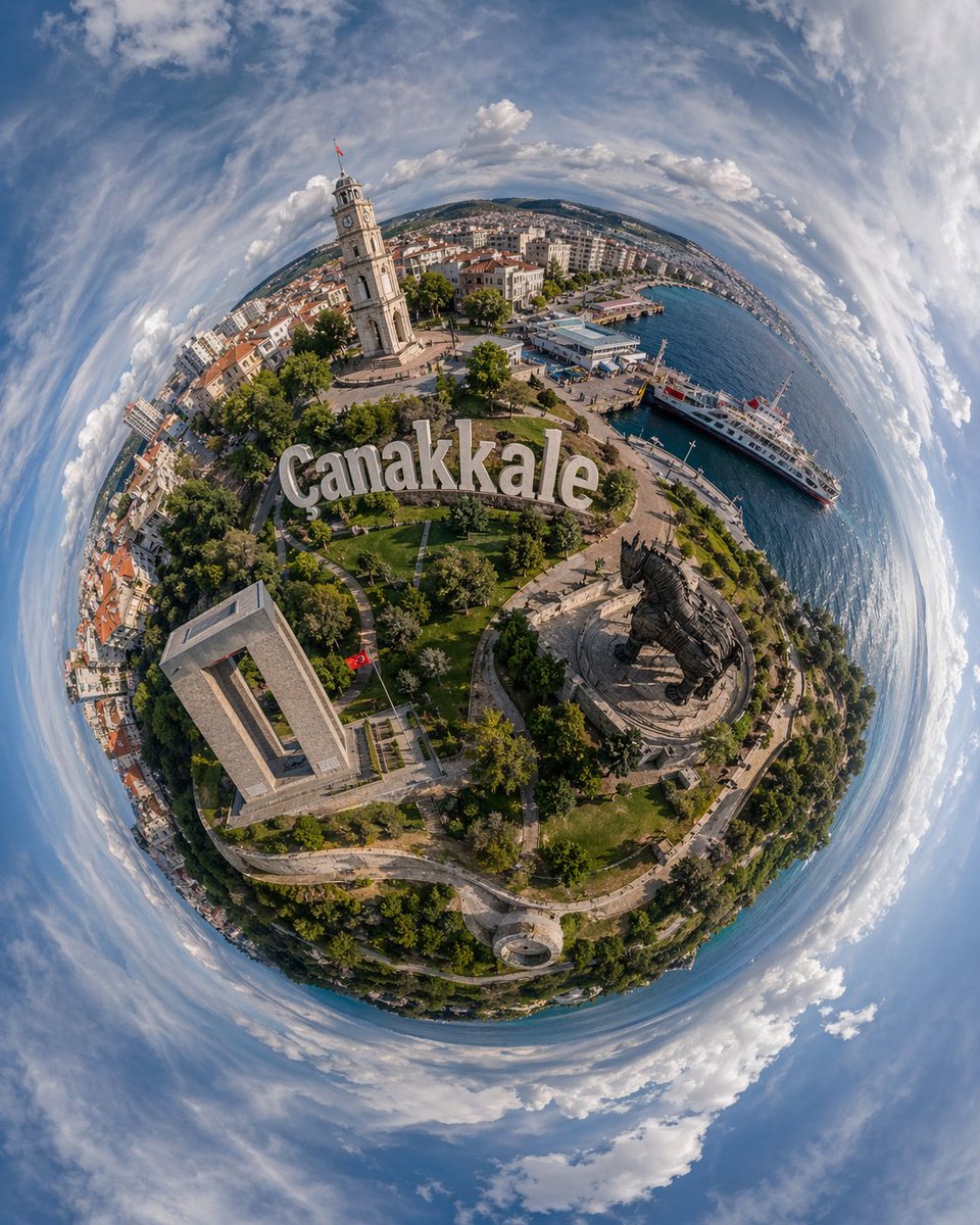 产品视觉 GPT Image 2 提示词：Tiny Planet Aerial of Canakkale