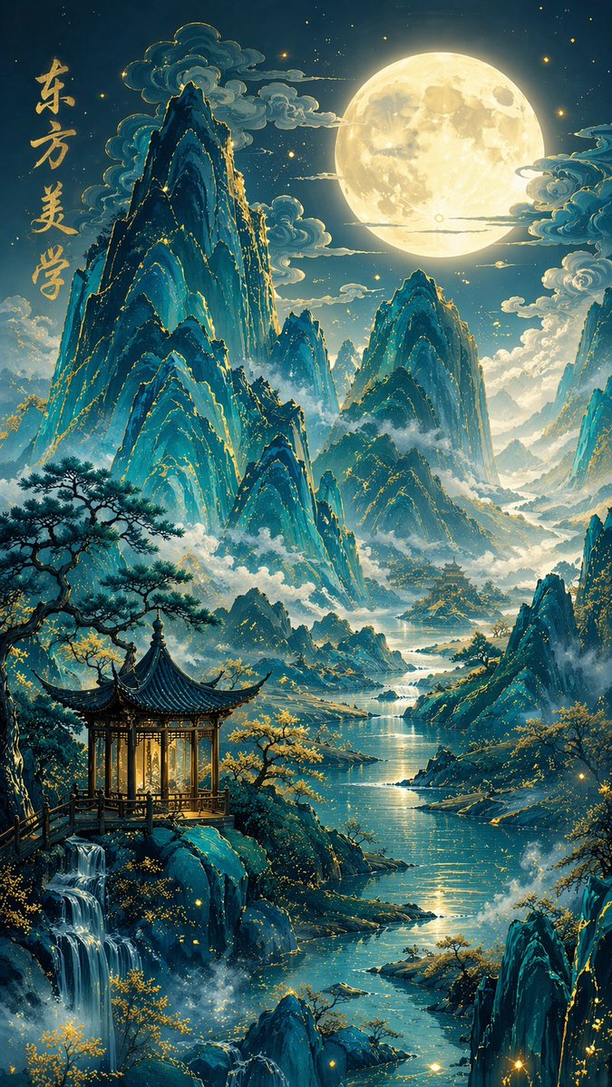 界面稿 GPT Image 2 提示词：Traditional Chinese Blue-Green Landscape