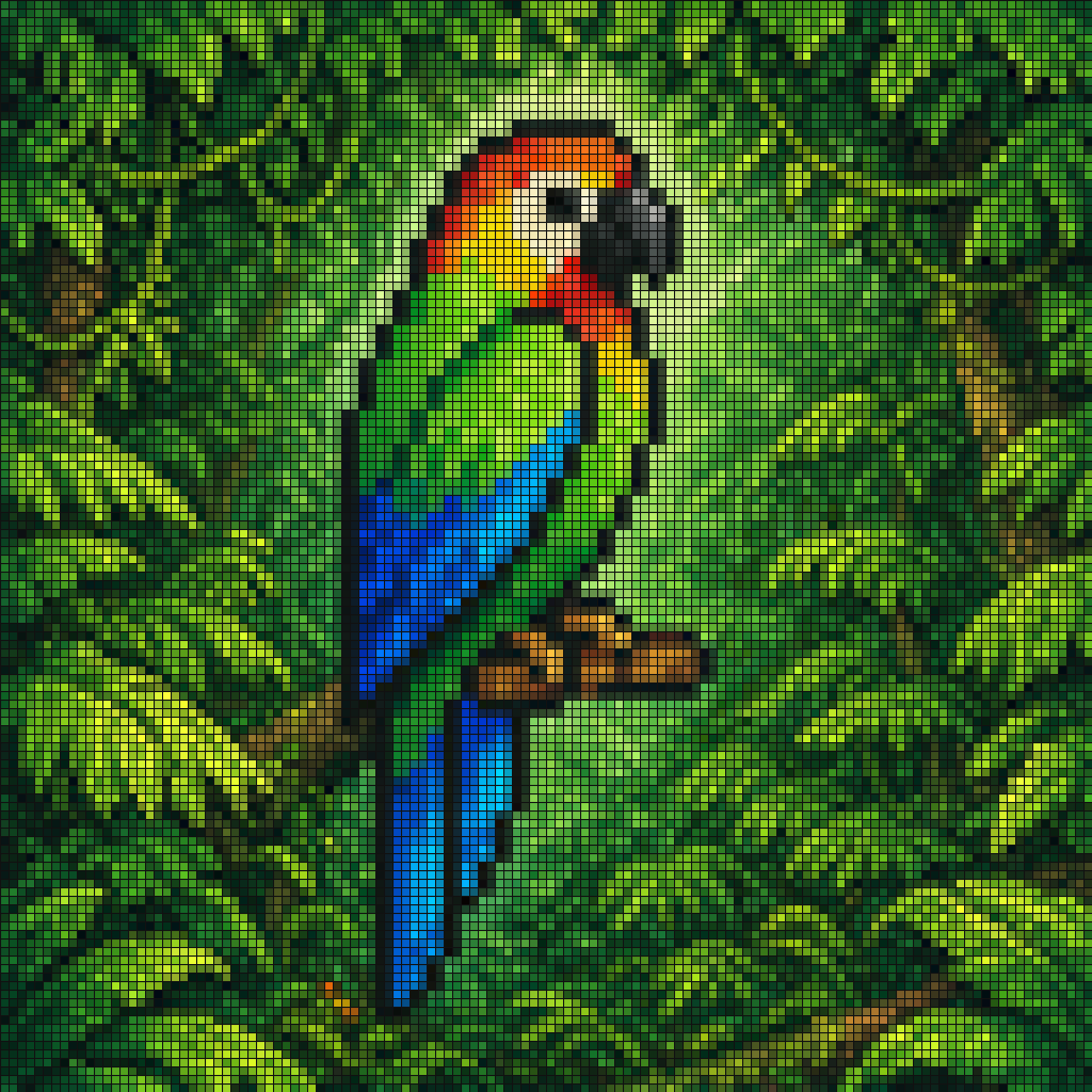 产品视觉 GPT Image 2 提示词：Tropical Parrot Pixel Mosaic