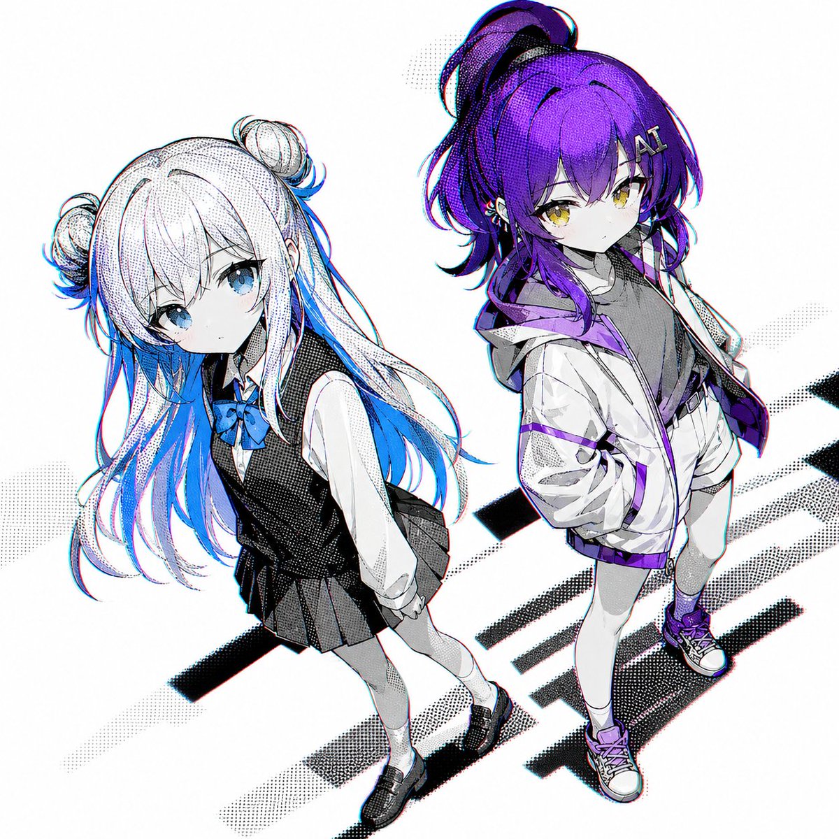 产品视觉 GPT Image 2 提示词：Two Anime Girls with Flashy Hair