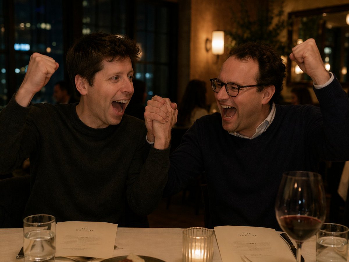 创意灵感 GPT Image 2 提示词：Two Men Celebrating at a Restaurant