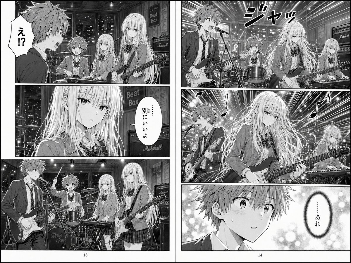 产品视觉 GPT Image 2 提示词：Two-Page School Band Manga Spread