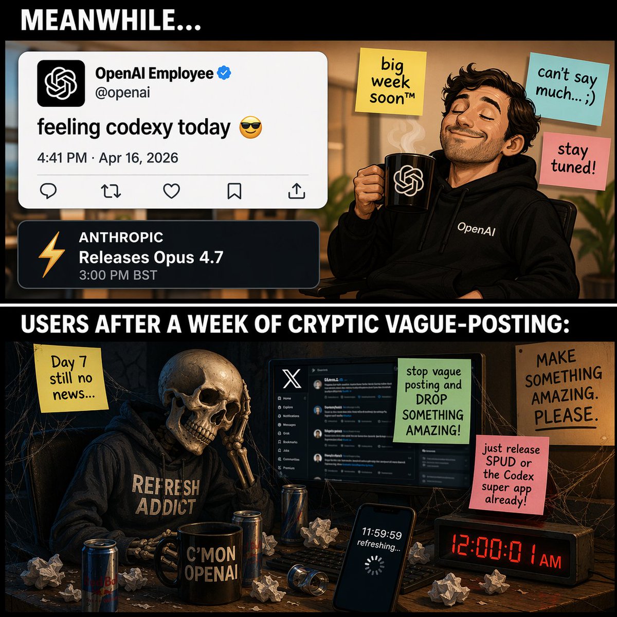 界面稿 GPT Image 2 提示词：Two-Panel Tech Meme Comic