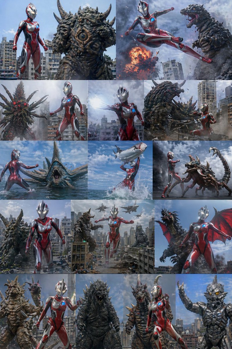 界面稿 GPT Image 2 提示词：Ultra Woman Kaiju Battle Variations