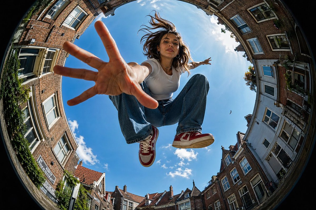 产品视觉 GPT Image 2 提示词：Urban Action Fisheye Perspective
