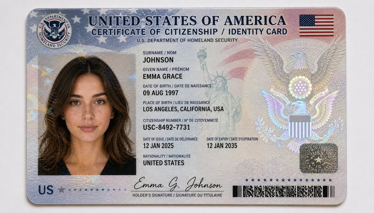 界面稿 GPT Image 2 提示词：US Citizenship Identity Card Mockup