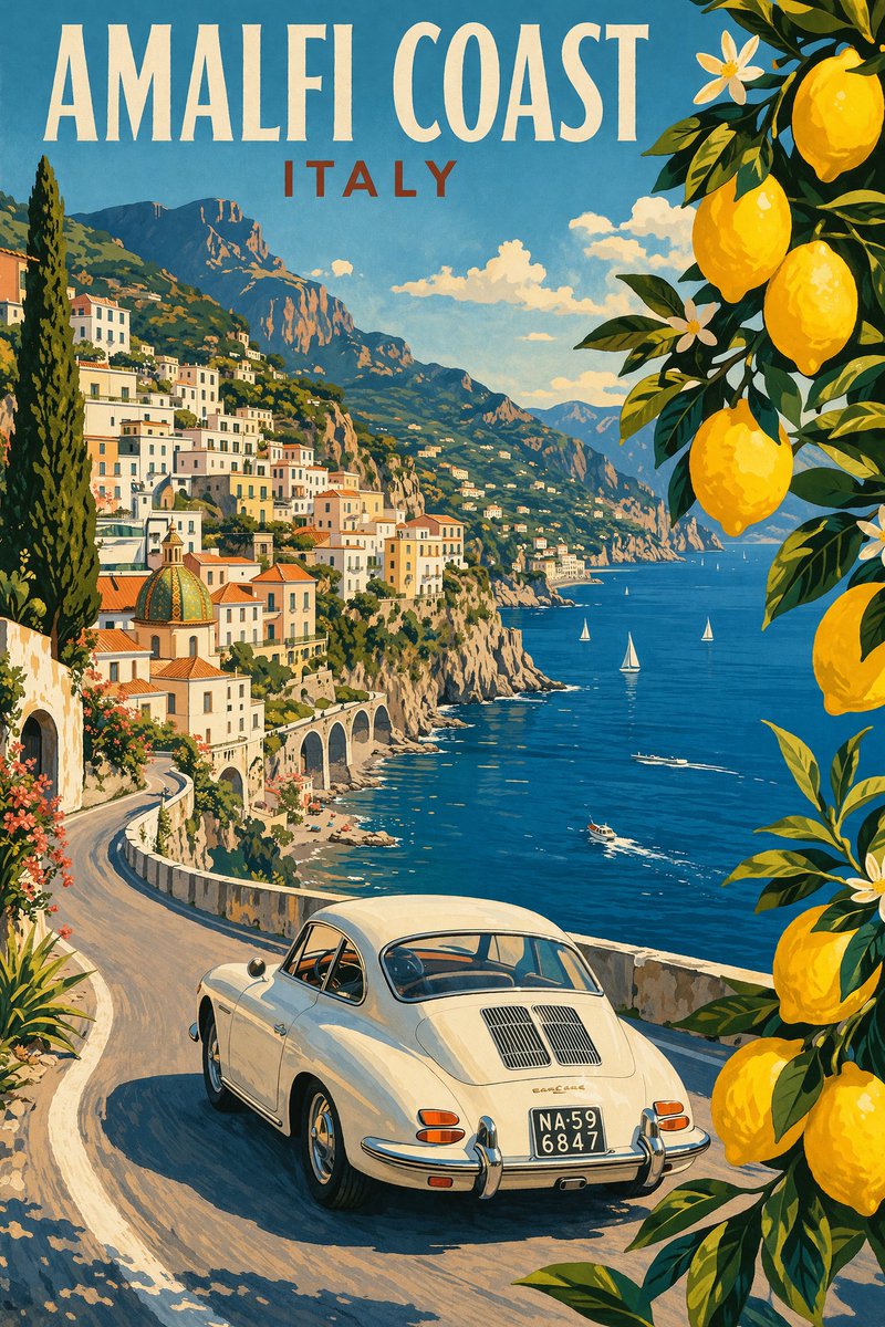 产品视觉 GPT Image 2 提示词：Vintage Amalfi Coast Travel Poster